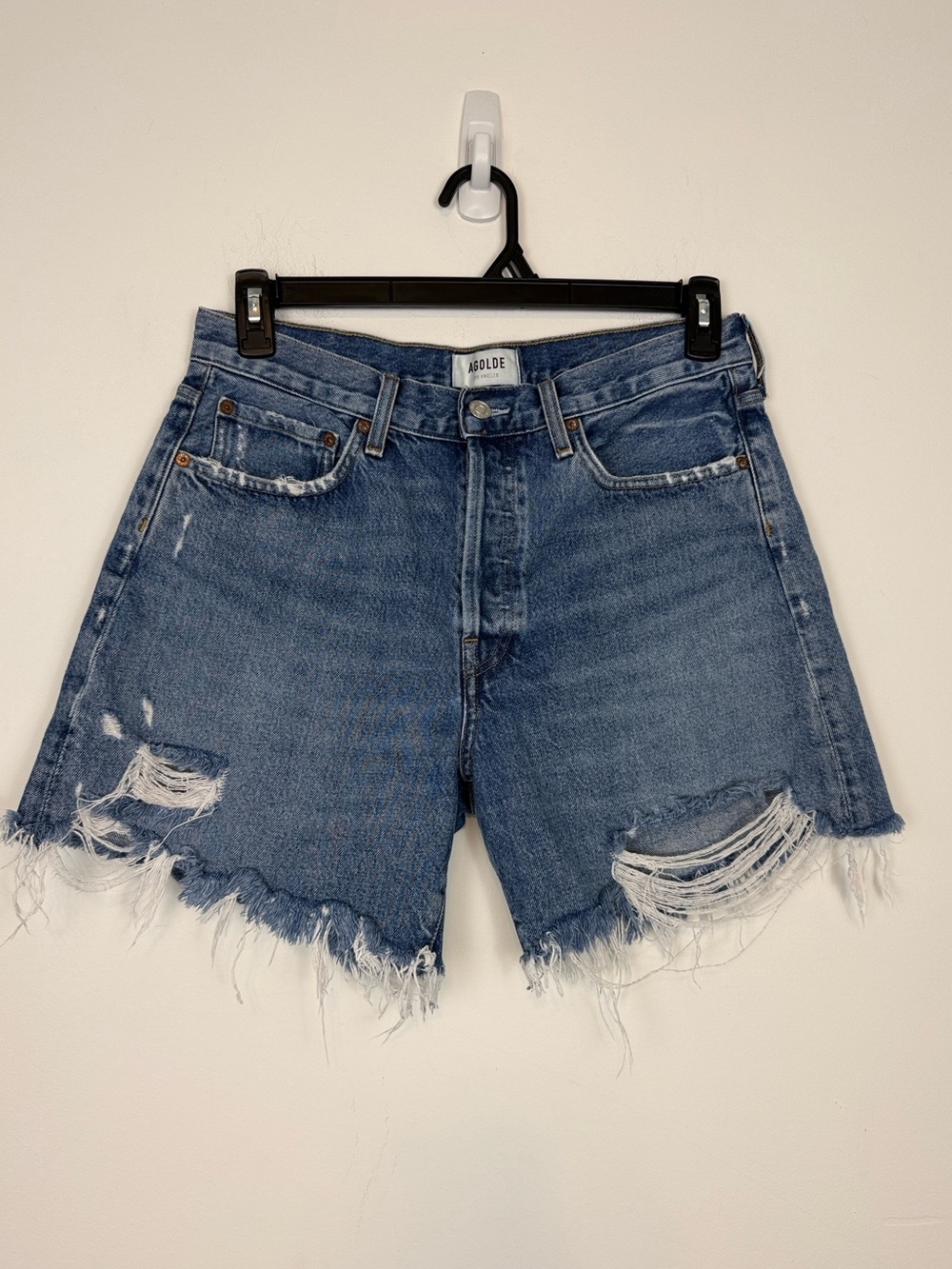 Agolde Parker Long Blue Distressed High Rise Denim/Jean Shorts. Size 28.